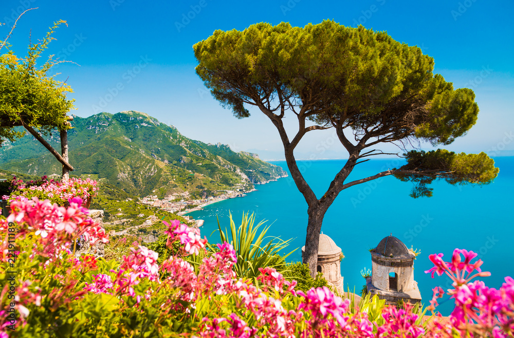 Amalfi Coast with Gulf of Salerno from Villa Rufolo gardens in Ravello, Campania, Italy
