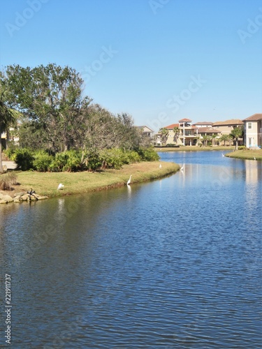 Community lake in a residential are surrounded by homes