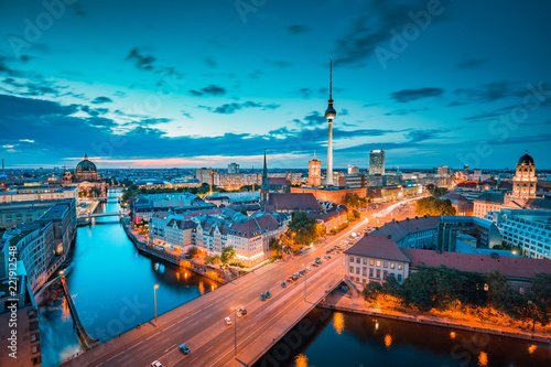 Berlin skyline with Spree river at twilight, Germany