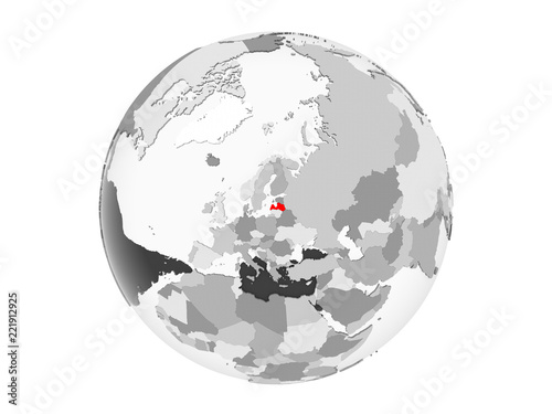 Latvia on grey globe isolated