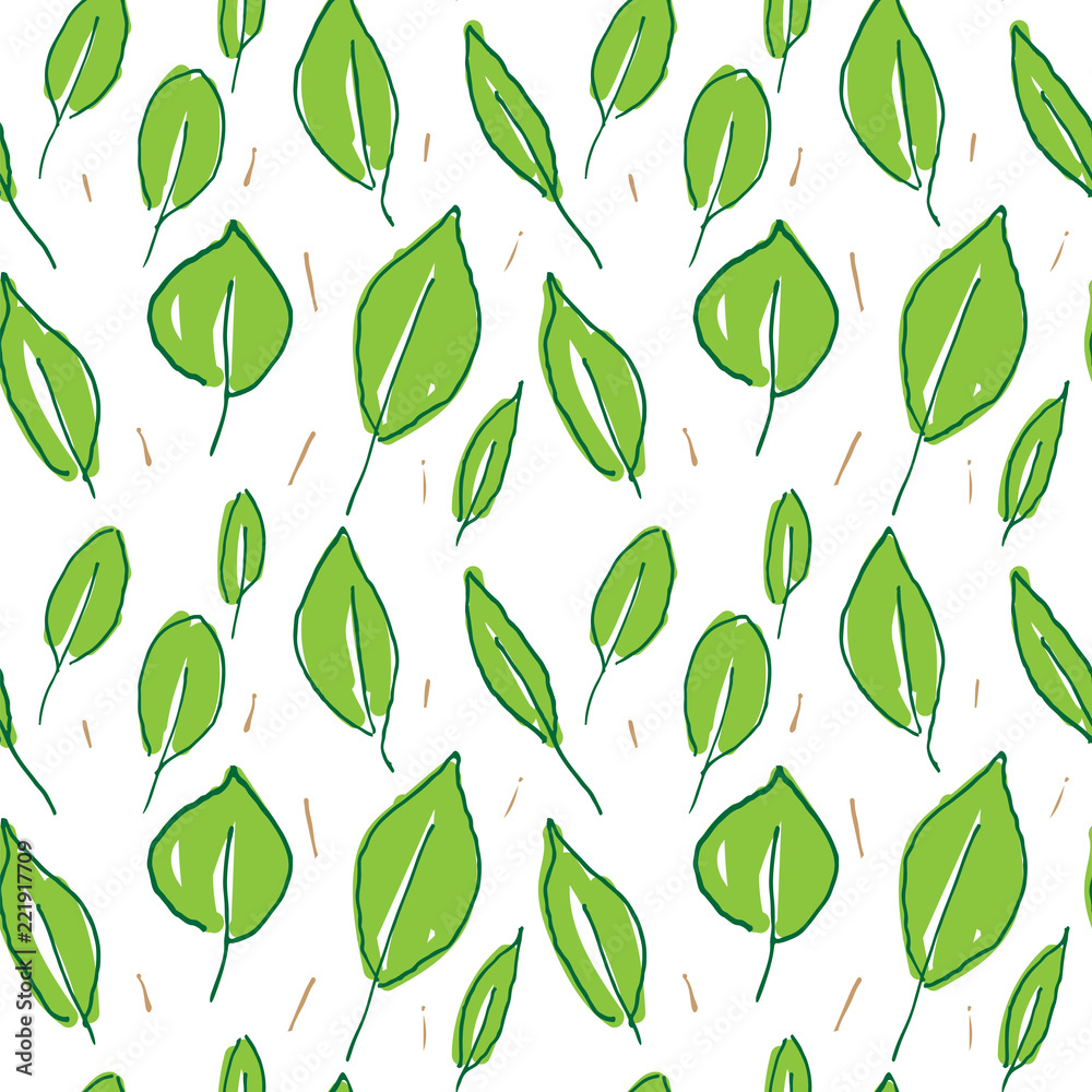 Naklejka premium Hand Drawn Green Leaves As Seamless Pattern.
