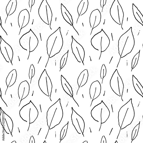 Hand Drawn Leaves As Seamless Pattern. Black And White