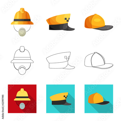 Vector illustration of headgear and cap symbol. Collection of headgear and accessory stock vector illustration.