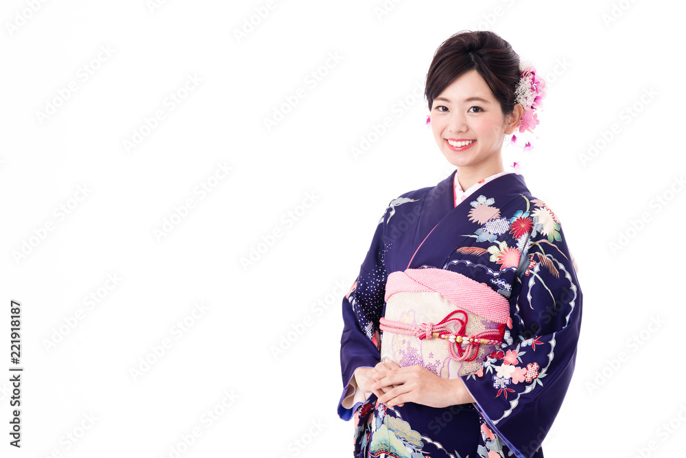 portrait of young asian woman wearing purple kimono on white background portrait of young asian woman wearing purple kimono on white background