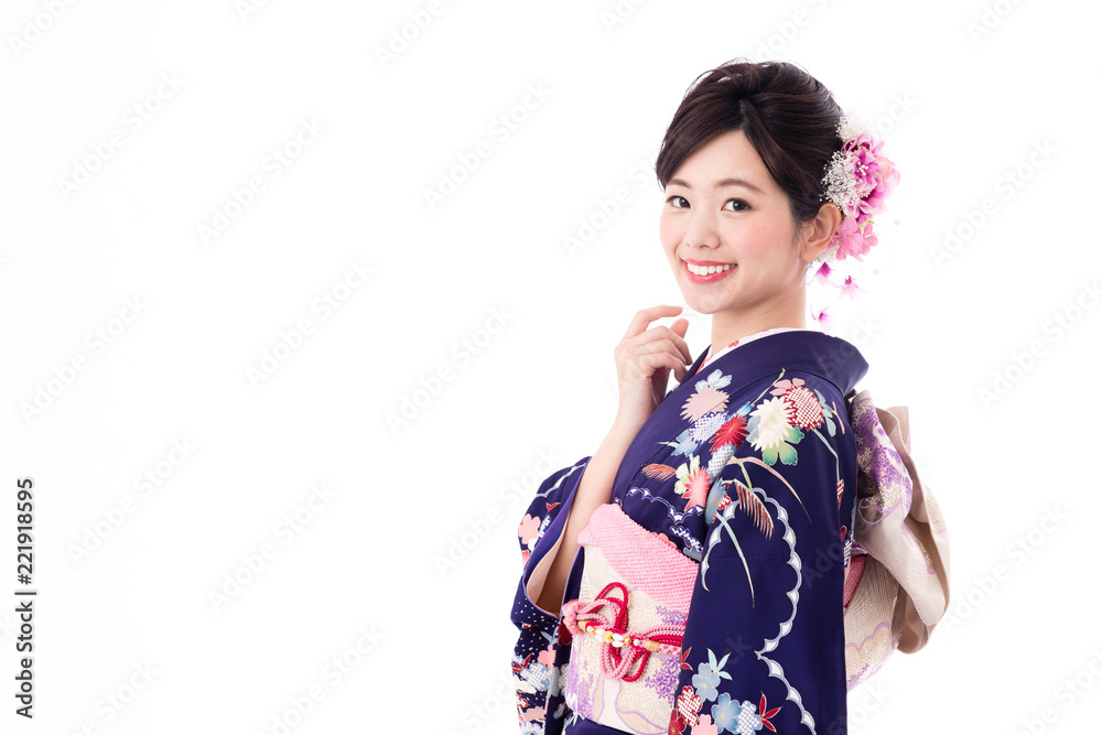 portrait of young asian woman wearing purple kimono on white background portrait of young asian woman wearing purple kimono on white background