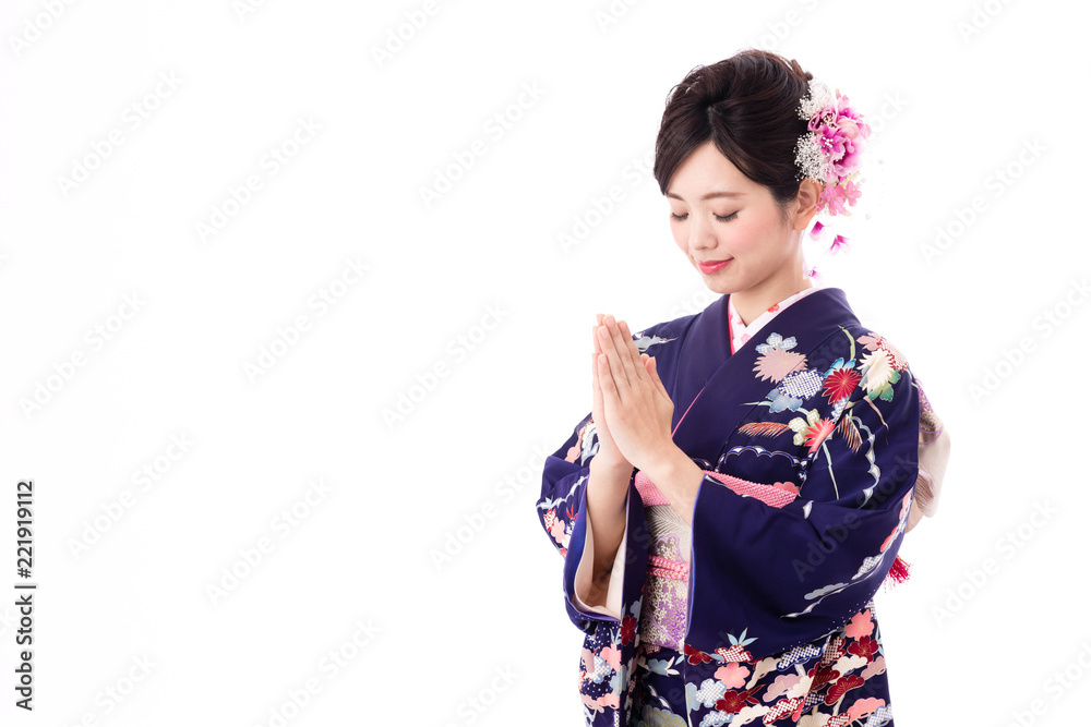 portrait of young asian woman wearing purple kimono on white background portrait of young asian woman wearing purple kimono on white background