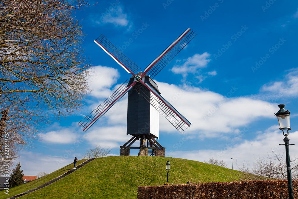 Obraz premium Windmill under a beautiful blue winter sky just before spring at the historical Bruges town
