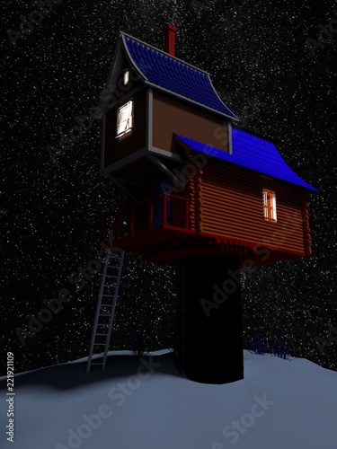 3d computer rendered illustration of a cabin on a hill
