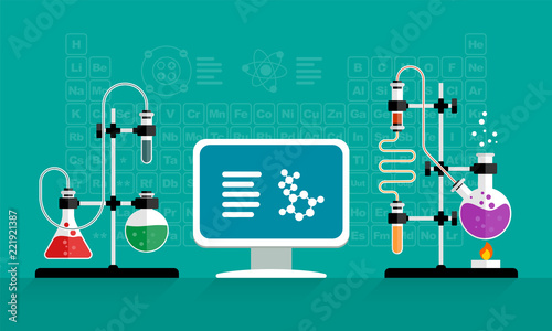 Chemistry lab and science equipment. Chemical experiment. Computer and glass flasks with solution in research laboratory. Periodic table on the bacground. Illustration in flat style