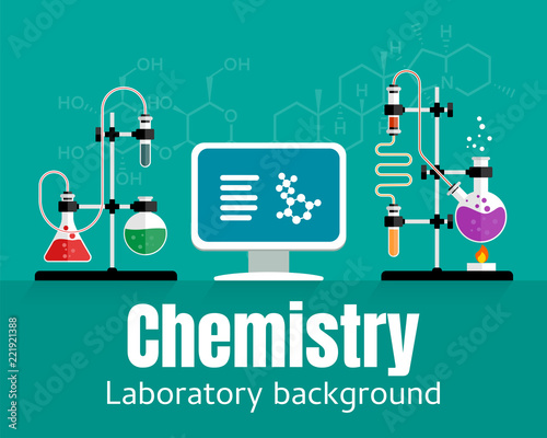 Chemistry lab and science equipment. Chemical experiment. Computer and glass flasks with solution in research laboratory.  Concepts for web banner and promotional material. Illustration in flat style
