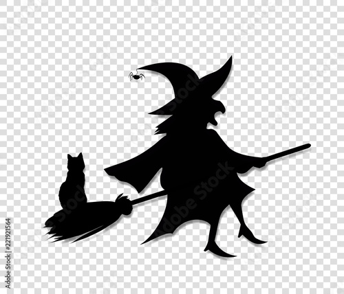 Fotografie, Tablou Black silhouette of witch flying on broom with cat isolated on transparent background