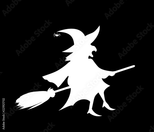 White silhouette of witch fly on broomstick isolated on black background.