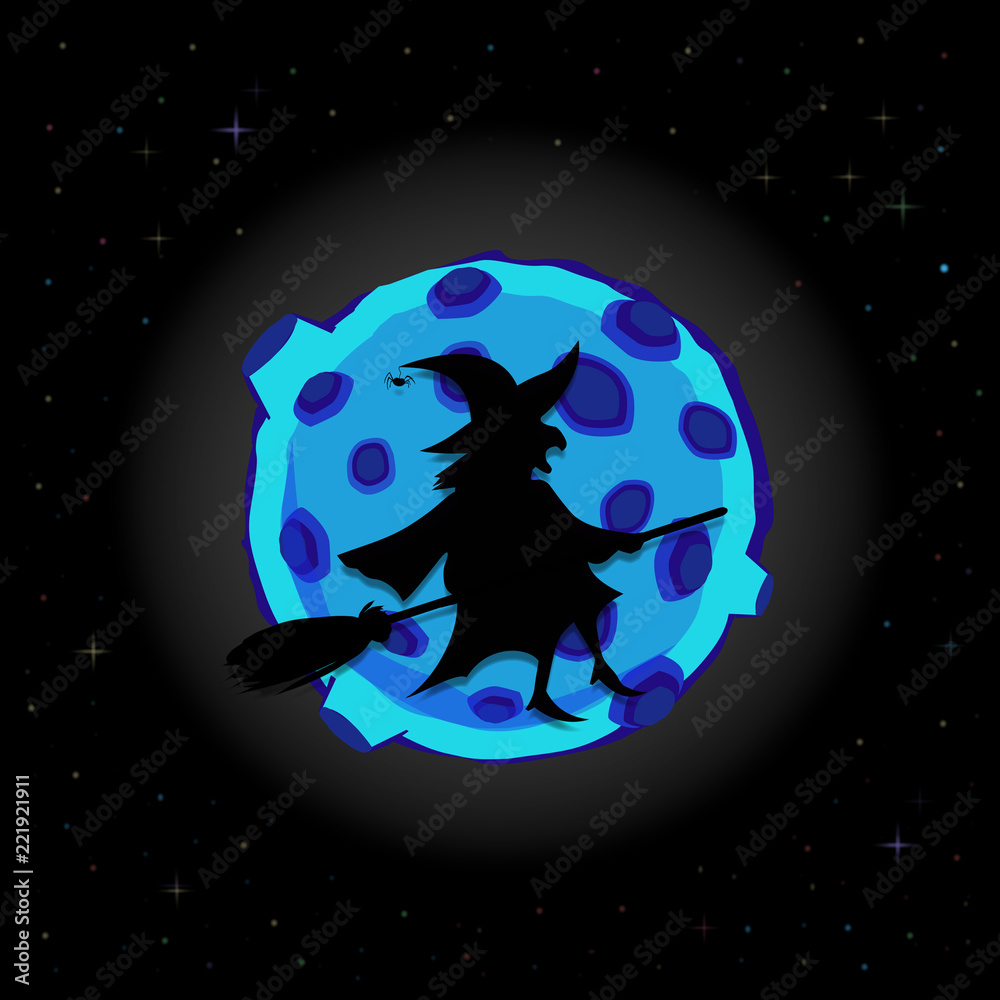 Black silhouette of witch on broom with cat flying on night sky background with full blue moon