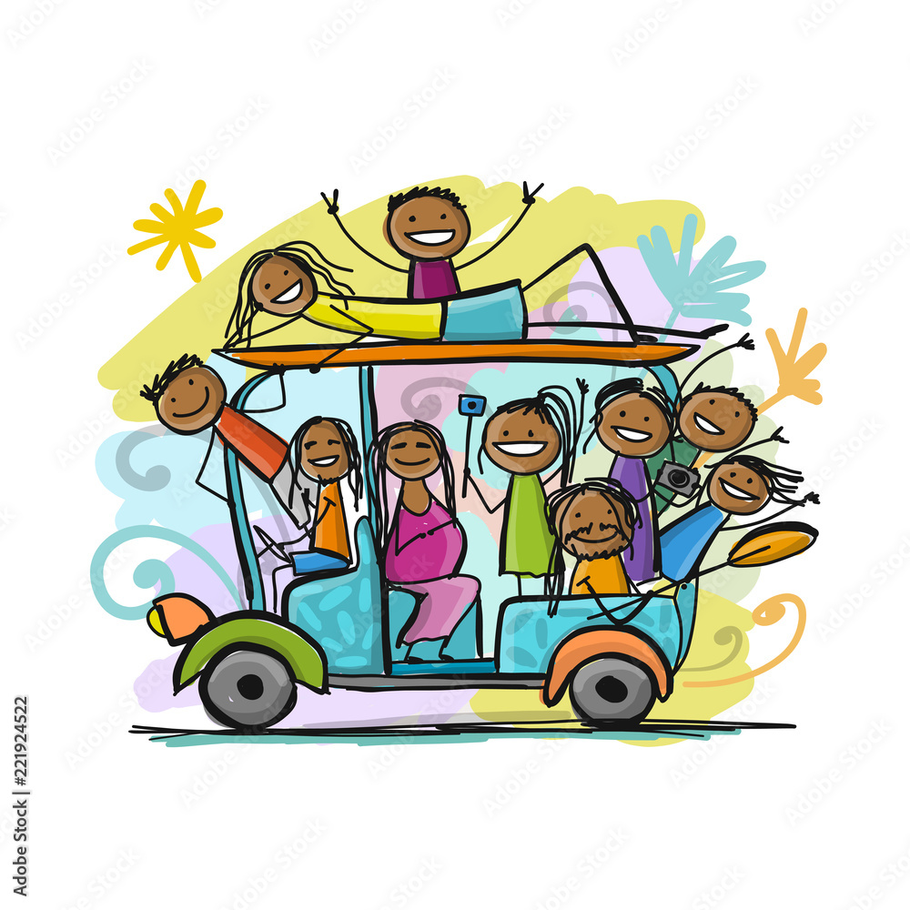 Tuk-tuk with company of friends goes to surfing Tuk-tuk with company of friends goes to surfing