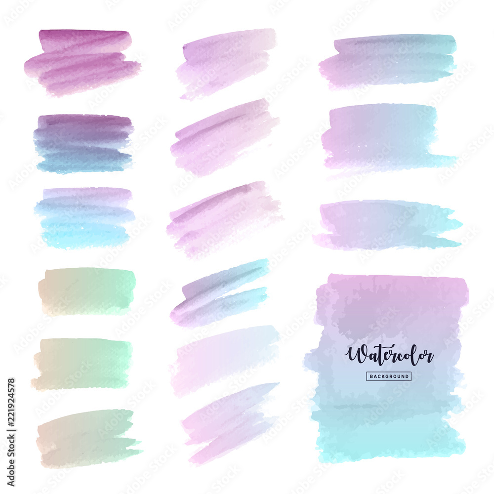 Watercolor background in pastel color. Colorful pack of watercolor strokes and frame for decorate banner and printing design. Vector illustration