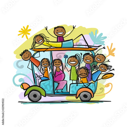 Tuk-tuk with company of friends goes to surfing
