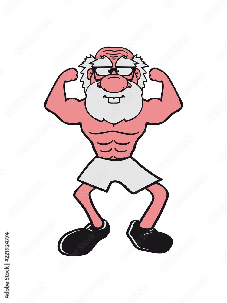 alt opa großvater hornbrille bart bodybuilder stark muskeln training trainieren fitness sexy posen comic cartoon clipart