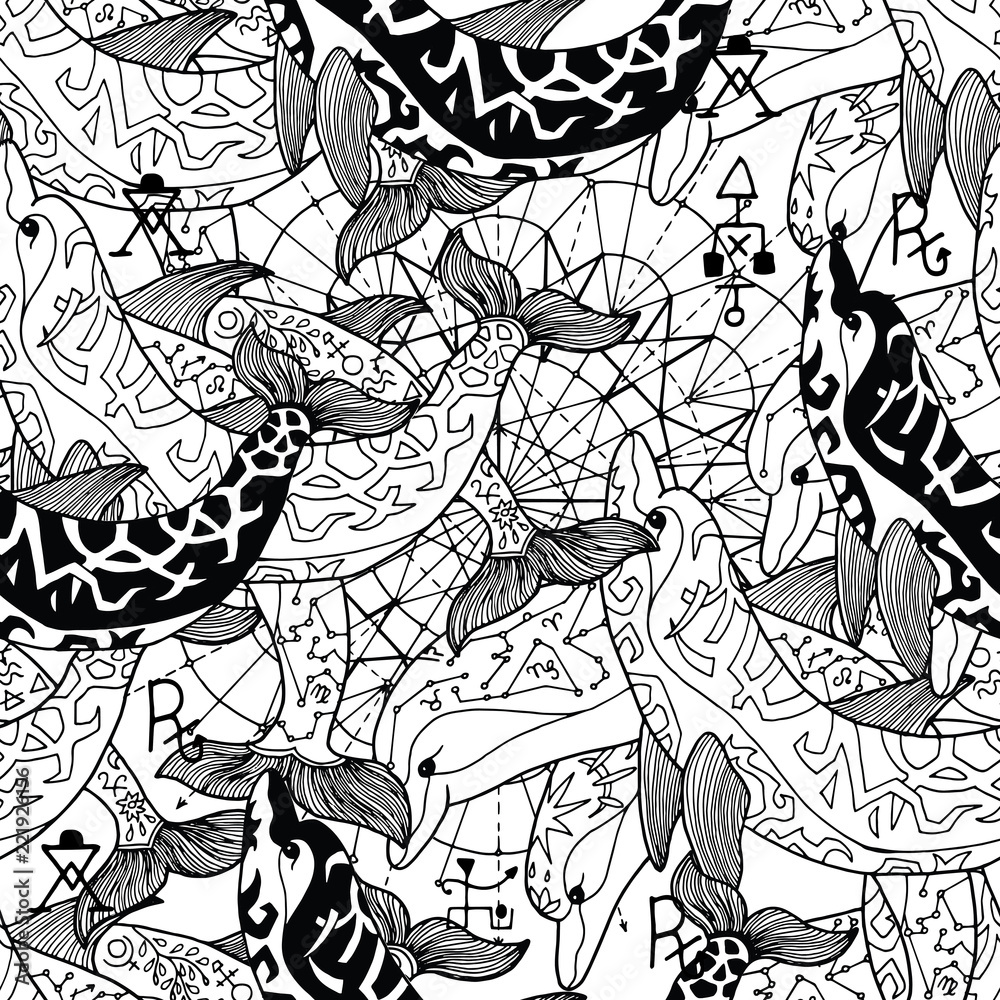 Seamless pattern with black and white decorated dolphins. Esoteric, occult and mysterious concept with sacred geometry elements, graphic vector illustration