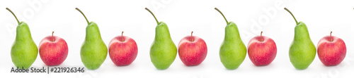 panorama ripe green pears and red apples on a white background