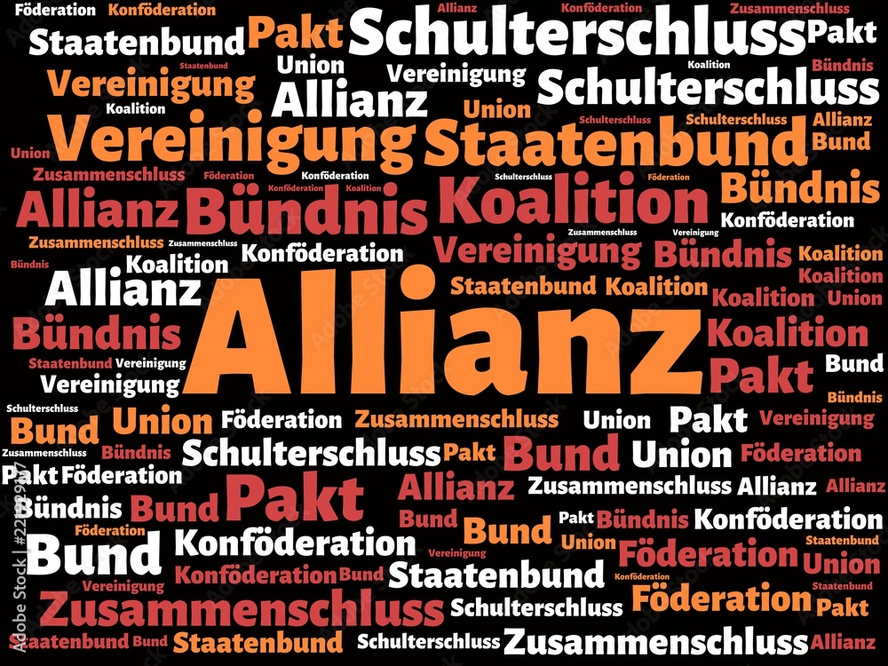 Das Wort - Allianz - abgebildet in einer Wortwolke mit zusammenhängenden Wörtern