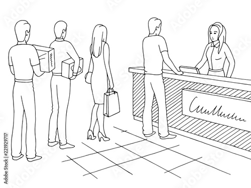 Shop graphic black white sketch illustration vector. People waiting in line queue