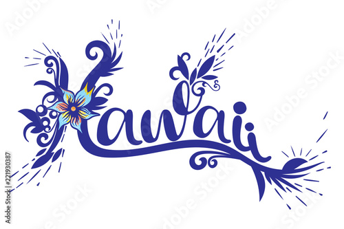 an abstract illustration of the text Hawaii in a blue floral style for t-shirt design on an isolated white background