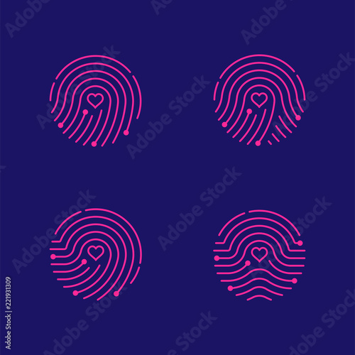 Fingerprint scan icon set with Love Heart symbol dash line design illustration blue and green isolated on dark blue background with Fingerprint text and copy space, vector eps10