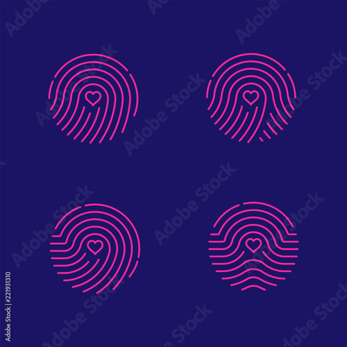 Fingerprint scan icon set with Love Heart symbol dash line design illustration blue and green isolated on dark blue background with Fingerprint text and copy space, vector eps10