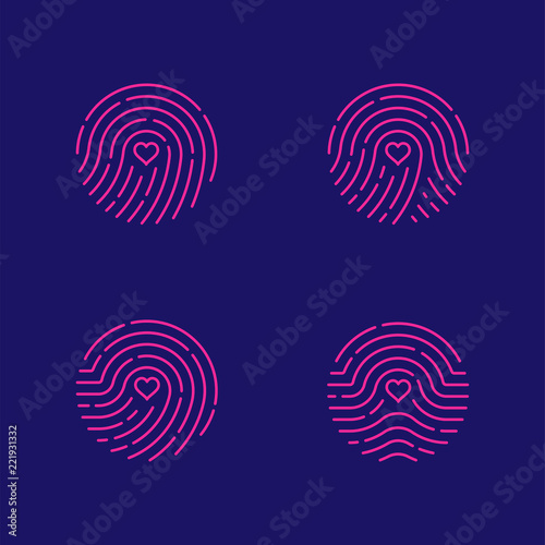 Fingerprint scan icon set with Love Heart symbol dash line design illustration blue and green isolated on dark blue background with Fingerprint text and copy space, vector eps10