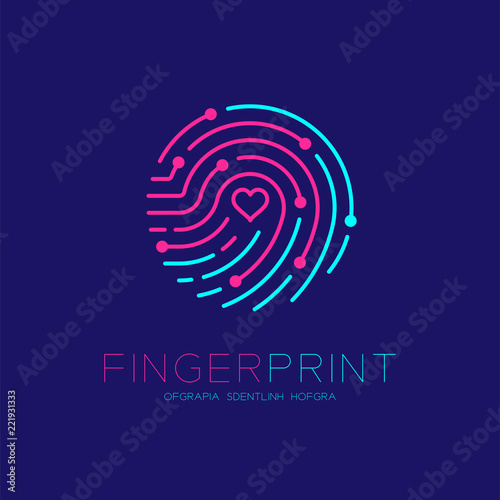 Fingerprint scan logo icon with Love Heart symbol dash line design illustration blue and pink isolated on dark blue background with Fingerprint text and copy space, vector eps10