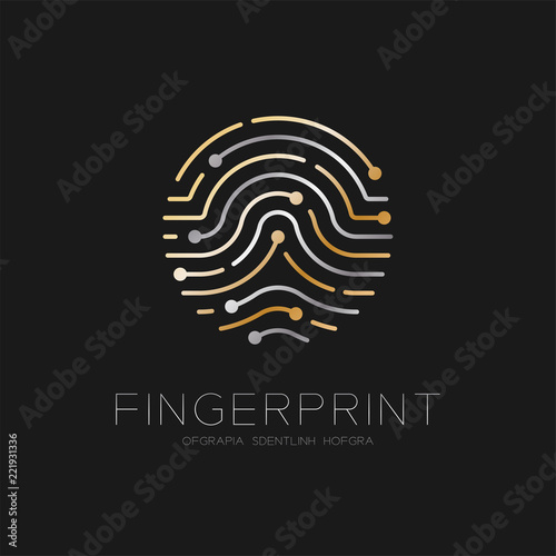 Fingerprint scan logo icon dash line design illustration gold and silver isolated on black background with Fingerprint text and copy space, vector eps10