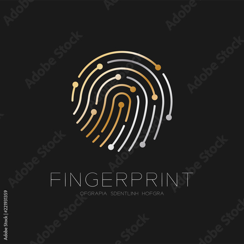 Fingerprint scan logo icon dash line design illustration gold and silver isolated on black background with Fingerprint text and copy space, vector eps10