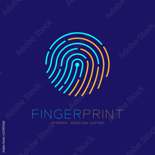 Fingerprint scan logo icon dash line design illustration blue and orange isolated on dark blue background with Fingerprint text and copy space, vector eps10