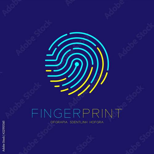 Fingerprint scan logo icon dash line design illustration blue and yellow isolated on dark blue background with Fingerprint text and copy space, vector eps10