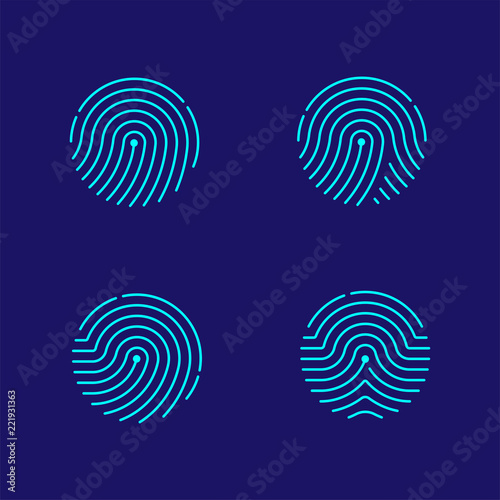 Fingerprint scan icon set dash line design illustration blue and green isolated on dark blue background with Fingerprint text and copy space, vector eps10