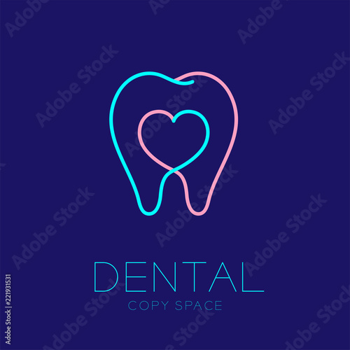 Dental clinic logo icon tooth with heart sign outline stroke design illustration isolated on dark blue background with dental text and copy space