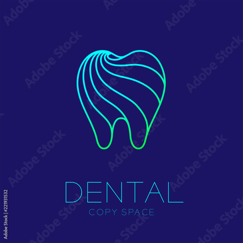 Dental clinic logo icon tooth outline stroke design illustration isolated on dark blue background with dental text and copy space