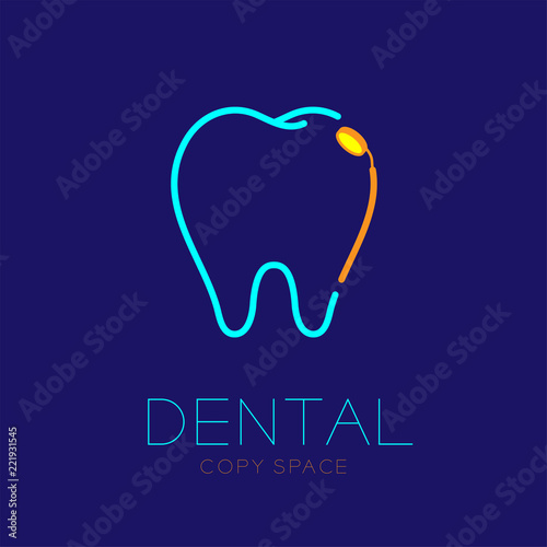 Dental clinic logo icon tooth with mouth mirror outline stroke set illustration dash line design isolated on dark blue background with dental text and copy space