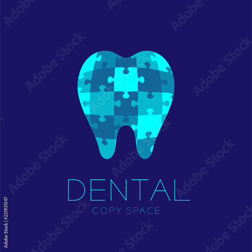 Dental clinic logo icon tooth jigsaw puzzle design illustration isolated on dark blue background with dental text and copy space