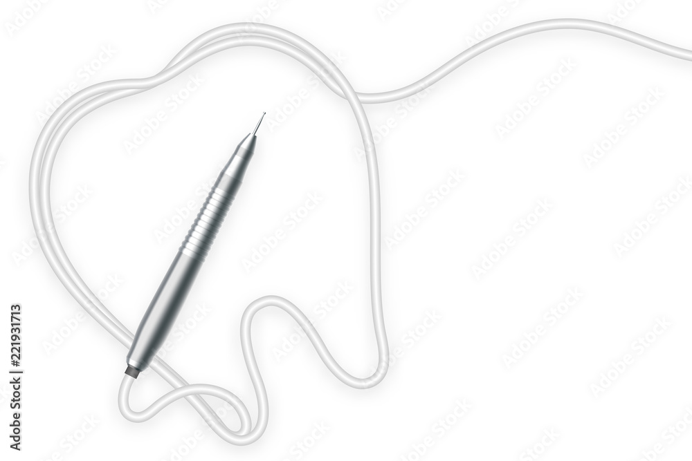 Dental handpieces instrument and tooth shape frame made from cable, illustration 3D virtual design isolated on white background, with copy space Dental handpieces instrument and tooth shape frame made from cable, illustration 3D virtual design isolated on white background, with copy space