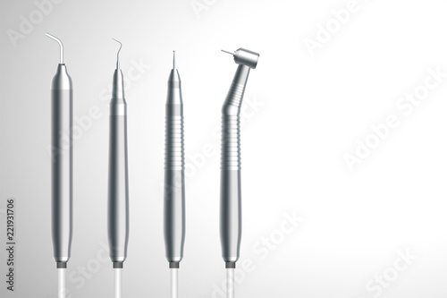 Dental handpieces instrument 3D virtual design set, illustration isolated on grey gradient background, with copy space
