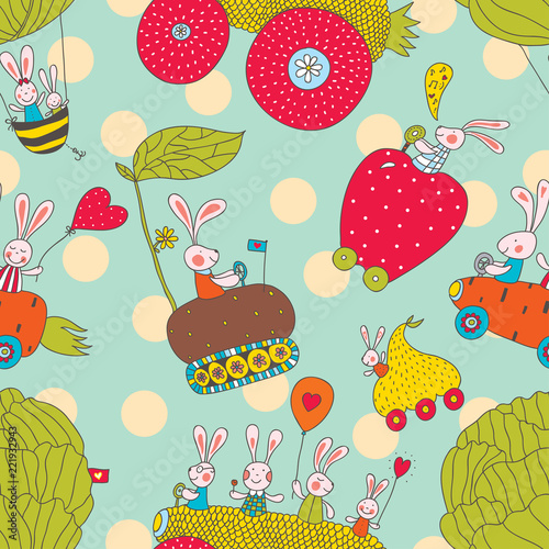 Funny bunnies harvest. Cute children seamless pattern.