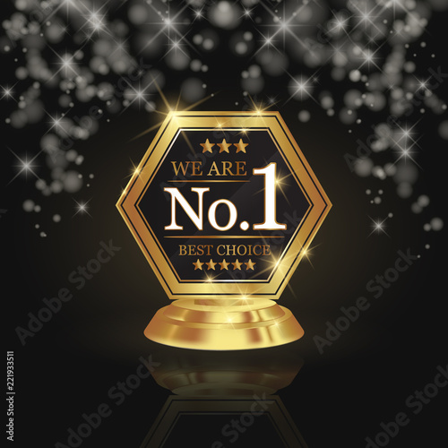 We are number 1 golden trophy award on shiny star and dark background