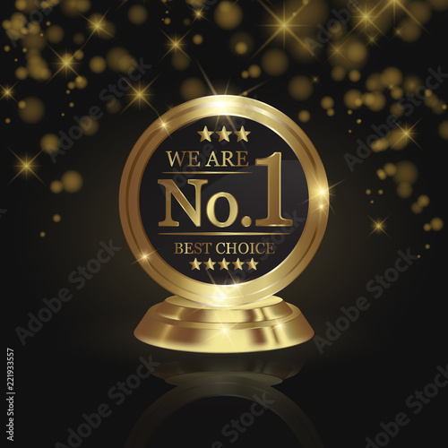 We are number 1 golden trophy award on shiny star and dark background