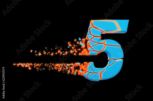 Broken shattered fast sporty alphabet number 5. Crushed speedy racing font. 3D render isolated on black background.