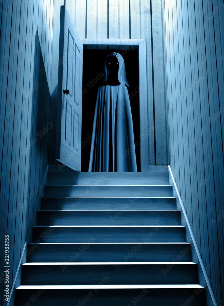Spooky monster with glowing eyes in opened door Stock Photo Adobe Stock