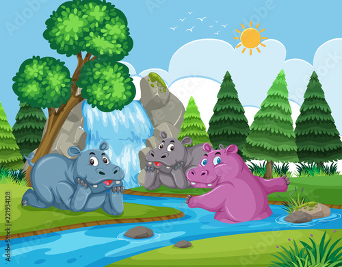 hippos in waterfall scene