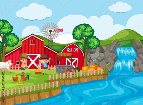 farm scene with waterfall