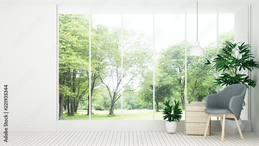 Fototapeta premium The interior minimal hotel relax space 3d rendering and nature view background