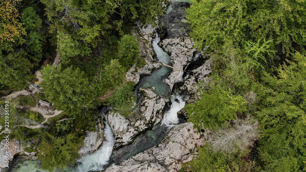 Aerial view of beautiful Mostnica river - national park Triglav in Slovenia. Aerial view of beautiful Mostnica river - national park Triglav in Slovenia.